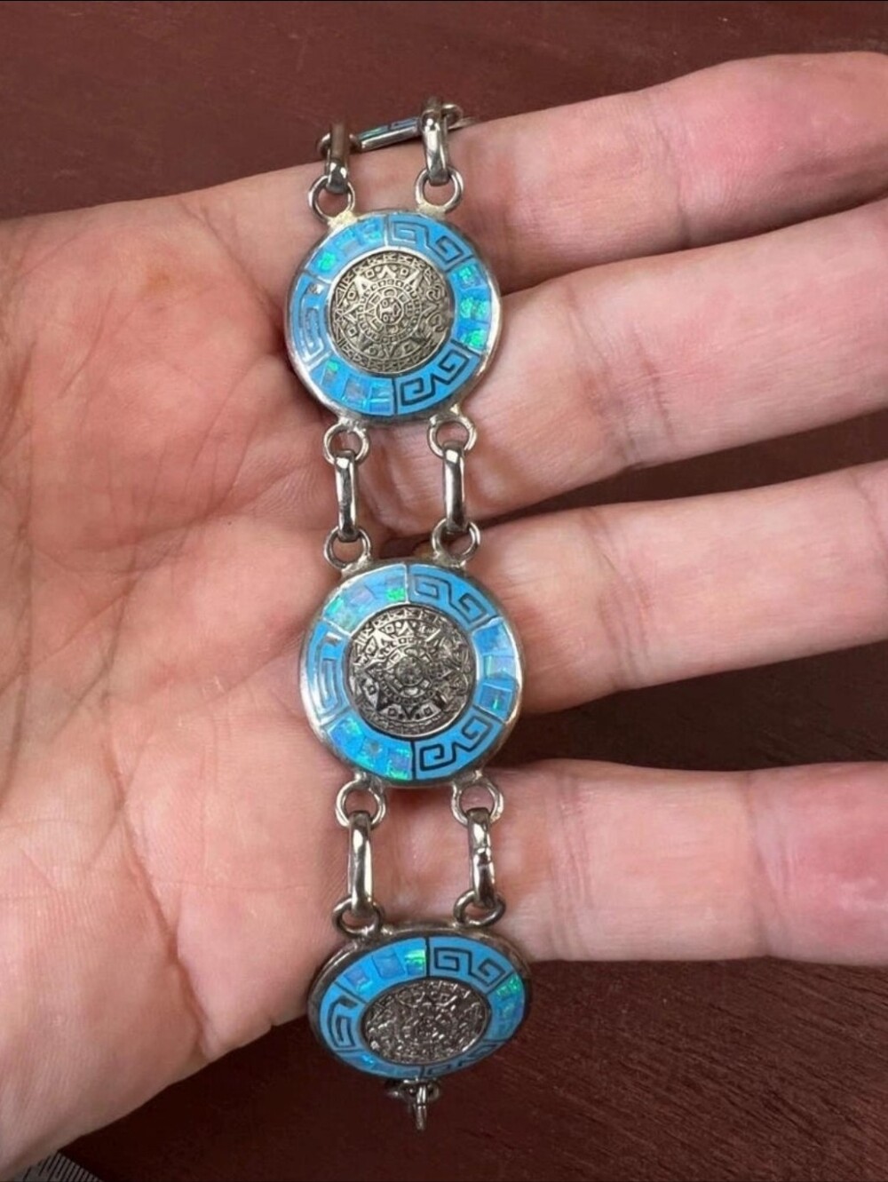 Sterling Silver Bracelet Aztec Sun Mayan Calendar Disc Panel Chain Inlay Boho
